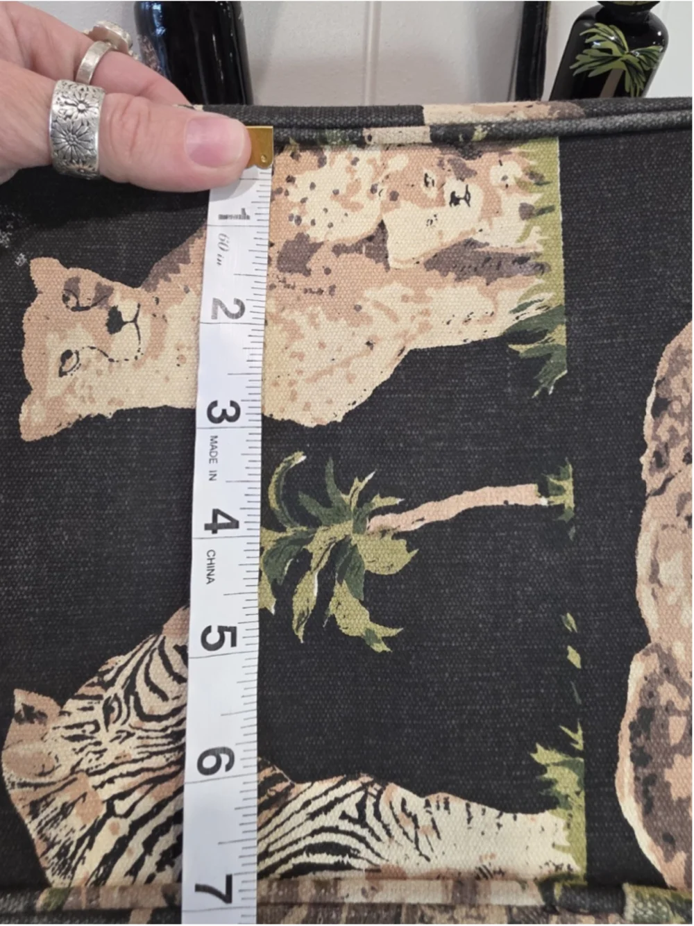 Safari Animal Print Cotton Tote Bag Elephant Zebra Palm Trees Zip Closure Pocket